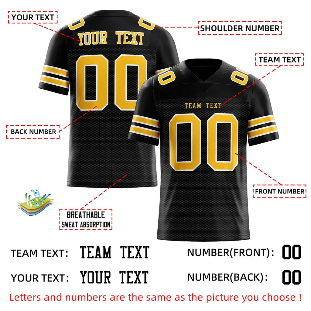 Custom Black Football American Rugby Jersey Personalized Stitched Team Name Player Number Durable Game Day Sports Uniform for Fans and Teams